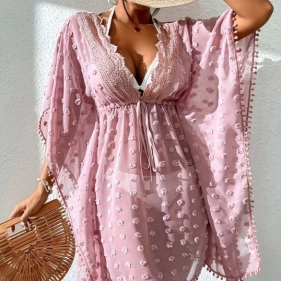 Lace detailed Pom pom Trim Knot Swiss Dot Cover Up Pink - Picture 5 of 6